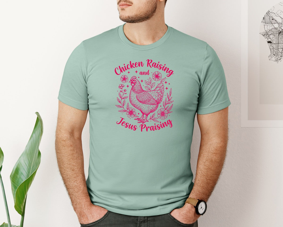 brand:Bella Canvas|color:Dusty Blue|Chicken Raising Jesus Praising 29 Graphic T-Shirt