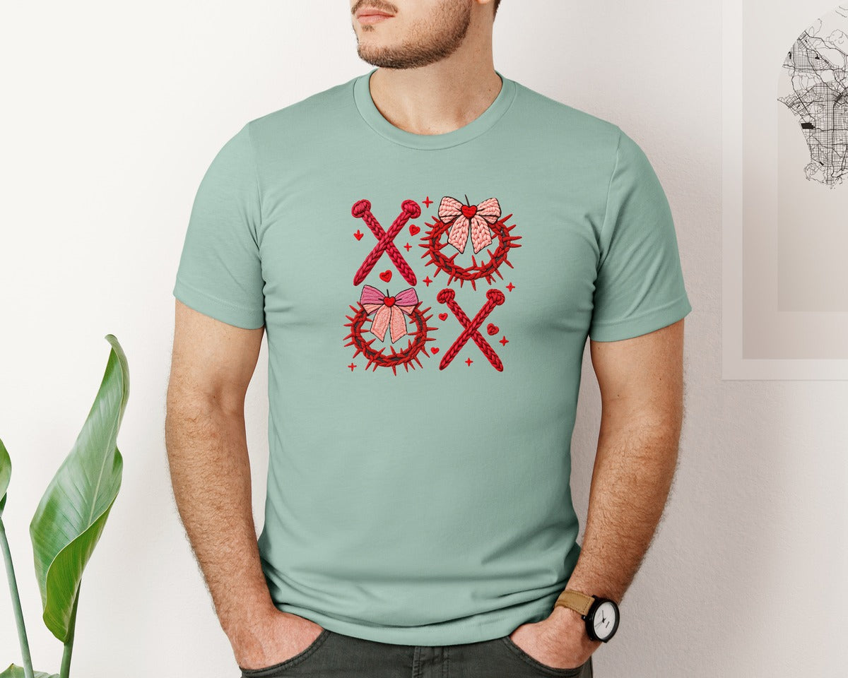 brand:Bella Canvas|color:Dusty Blue|Yarn Crochet Xoxo Valentine Jesus Graphic T-Shirt