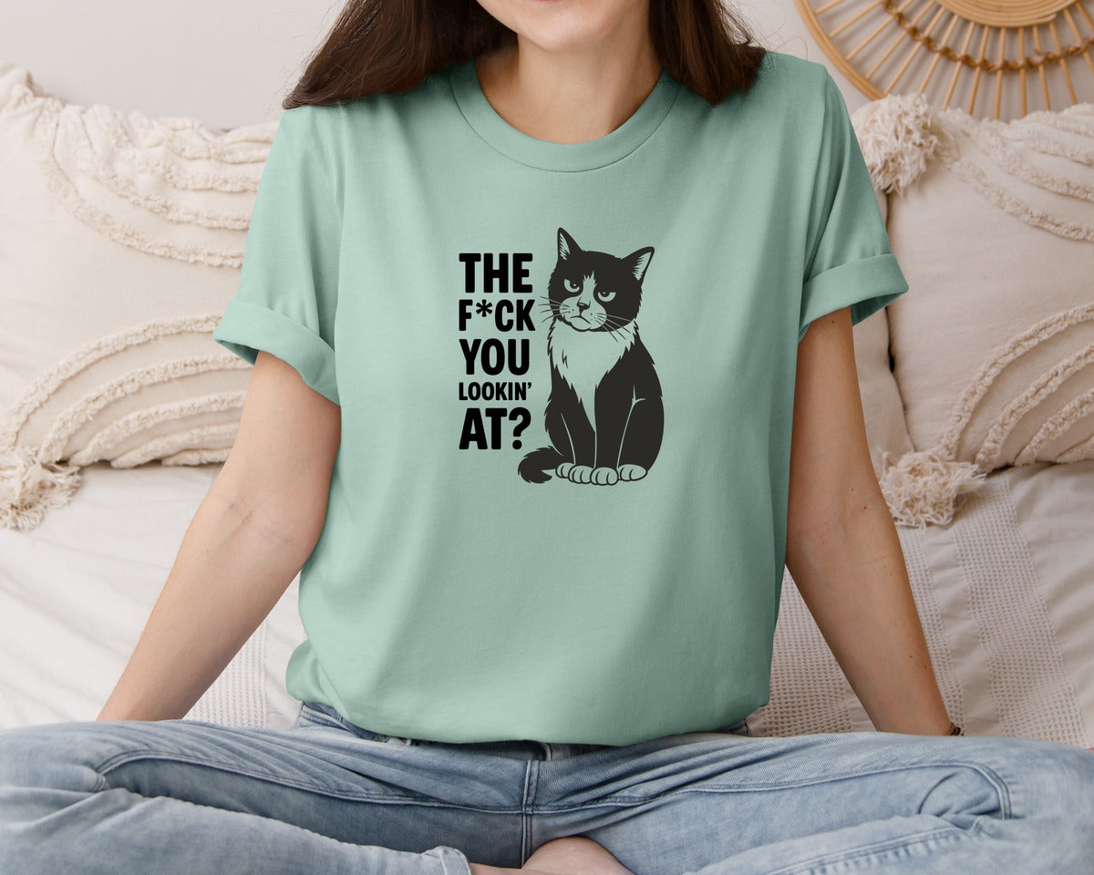 brand:Bella Canvas|color:Dusty Blue|The Fck You Lookin At Rude Sarcasm Graphic T-Shirt