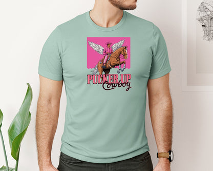brand:Bella Canvas|color:Dusty Blue|Pucker Up Cowboy Bold Valentine Graphic T-Shirt