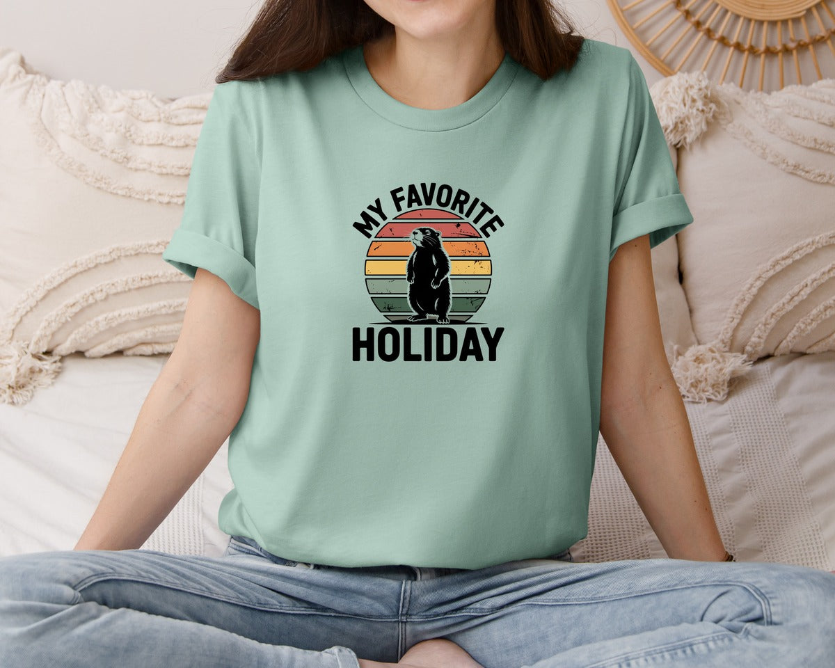 brand:Bella Canvas|color:Dusty Blue|Groundhog Favorite Holiday Graphic T-Shirt
