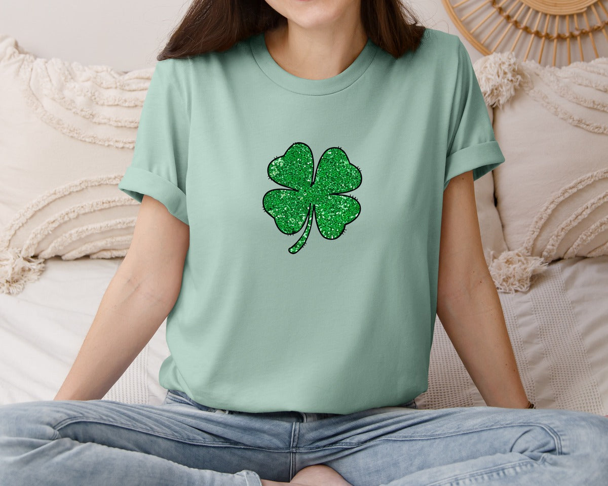 brand:Bella Canvas|color:Dusty Blue|Faux Sequins Lucky Shamrock Graphic T-Shirt
