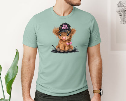 brand:Bella Canvas|color:Dusty Blue|Hot Mess Cute Highland Cow Western Cow Graphic T-Shirt