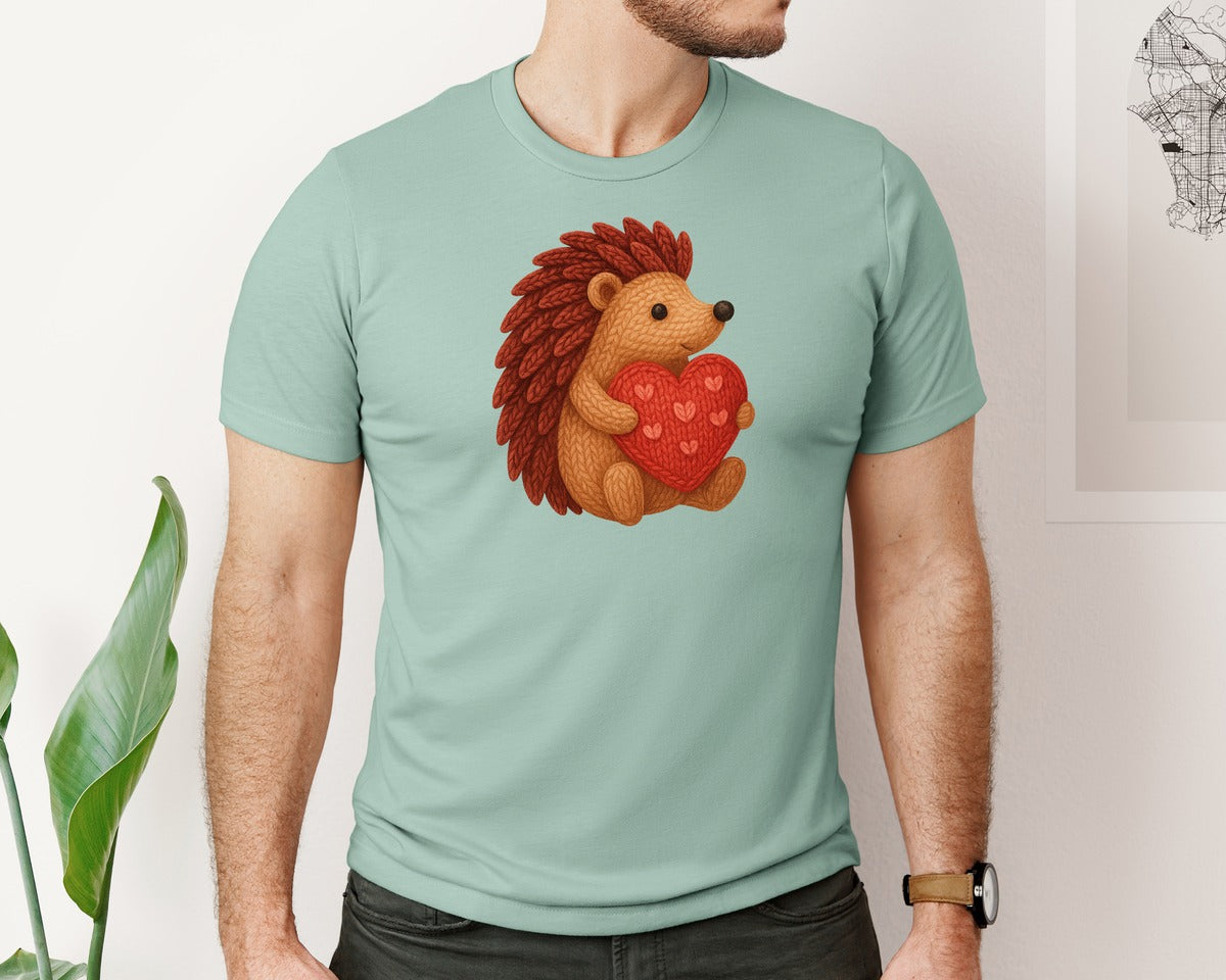 brand:Bella Canvas|color:Dusty Blue|Crochet Hedgehog Cute Valentine Graphic T-Shirt