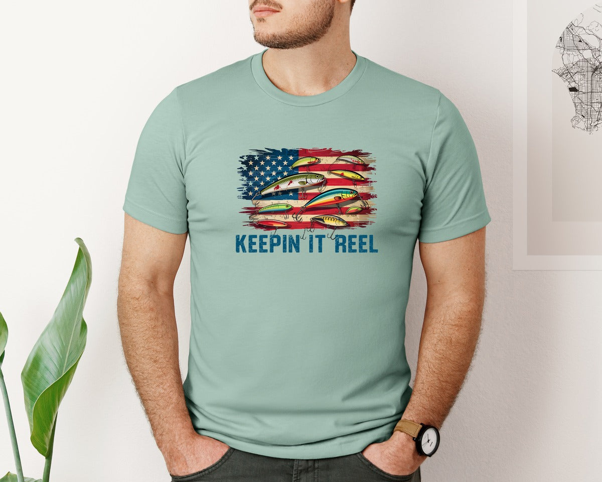 brand:Bella Canvas|color:Dusty Blue|Vintage Usa Flag Fishing 2 Graphic T-Shirt