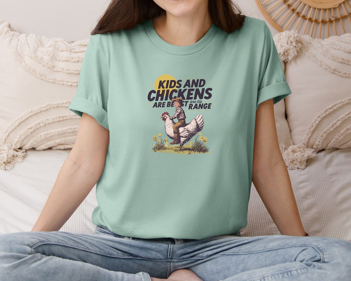 brand:Bella Canvas|color:Dusty Blue|Kids And Chickens Vintage Farm Graphic T-Shirt