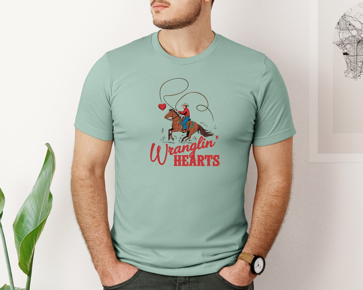 brand:Bella Canvas|color:Dusty Blue|Wranglin Hearts Cowboy Love Graphic T-Shirt
