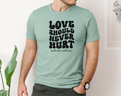 brand:Bella Canvas|color:Dusty Blue|Retro Love Should Never Hurt Graphic T-Shirt