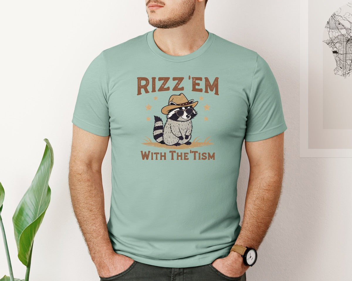 brand:Bella Canvas|color:Dusty Blue|Raccoon Funny Raccoon Rizz Em Graphic T-Shirt