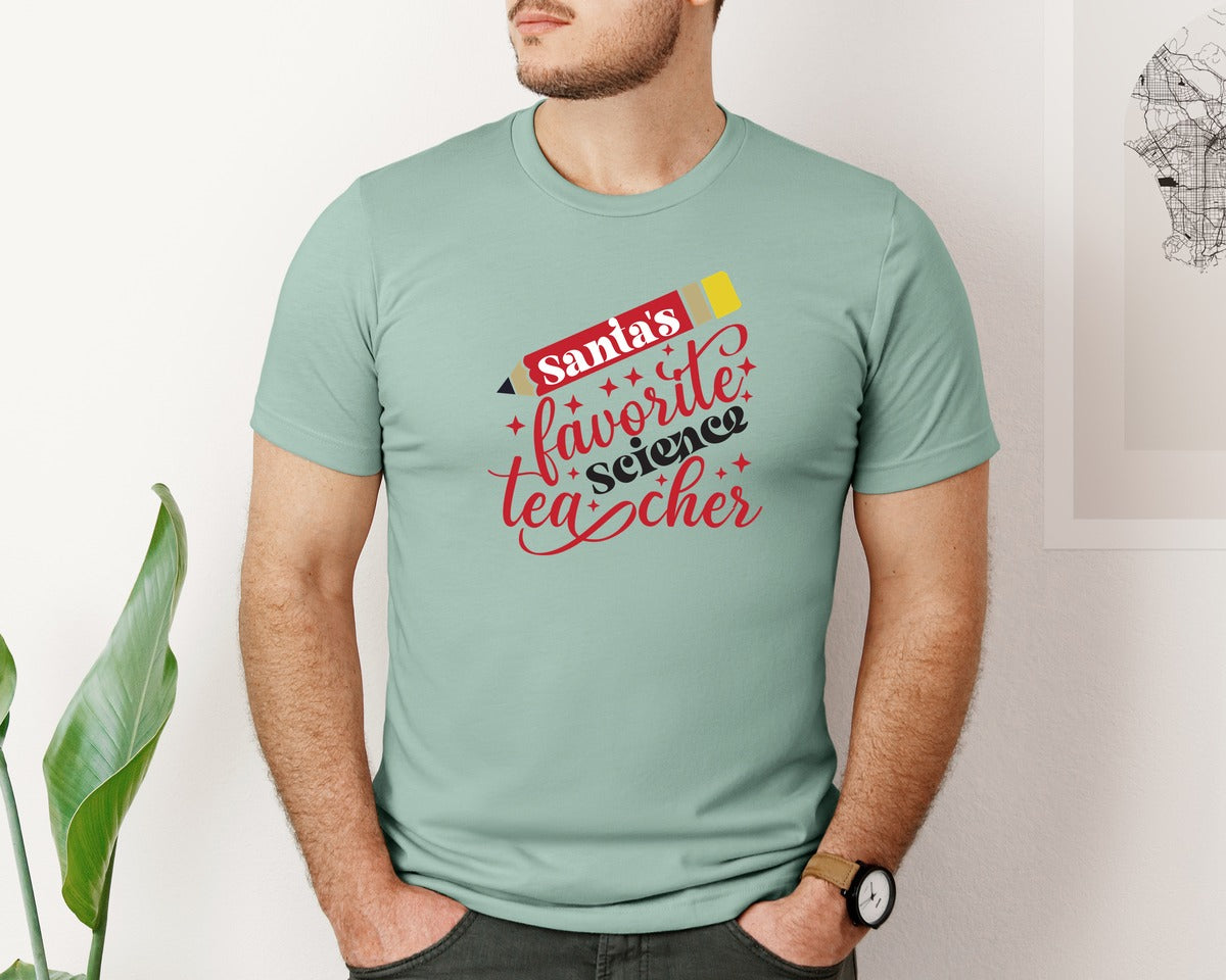 brand:Bella Canvas|color:Dusty Blue|Santas Favorite Science Teacher 4 Graphic T-Shirt