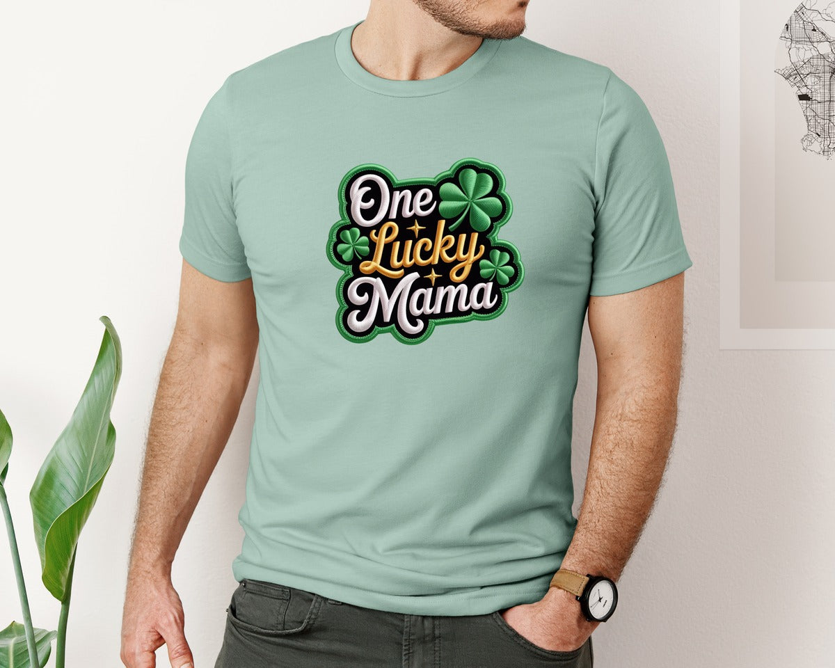 brand:Bella Canvas|color:Dusty Blue|Faux Yarn One Lucky Mama Shamrock Graphic T-Shirt