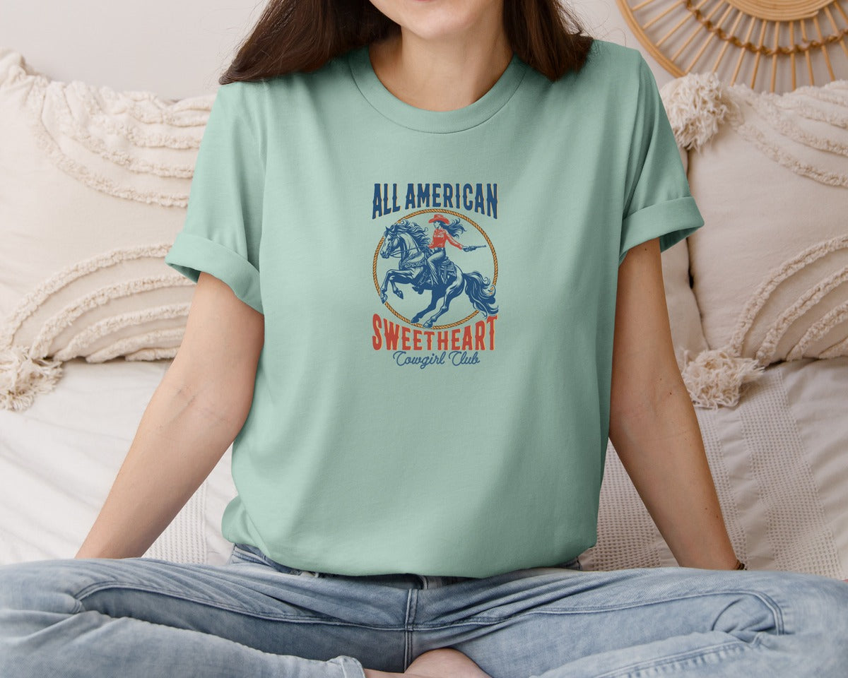 brand:Bella Canvas|color:Dusty Blue|All American Sweetheart Cowgirl Graphic T-Shirt