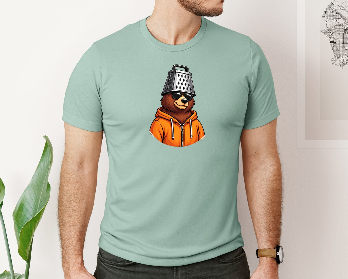 brand:Bella Canvas|color:Dusty Blue|Bear With Cheese Grater Hat And Sunglass Graphic T-Shirt
