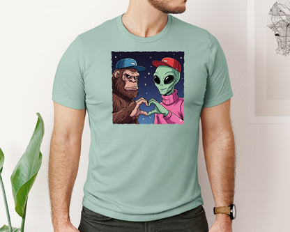 brand:Bella Canvas|color:Dusty Blue|Bigfoot And Alien Heart Hands Graphic T-Shirt