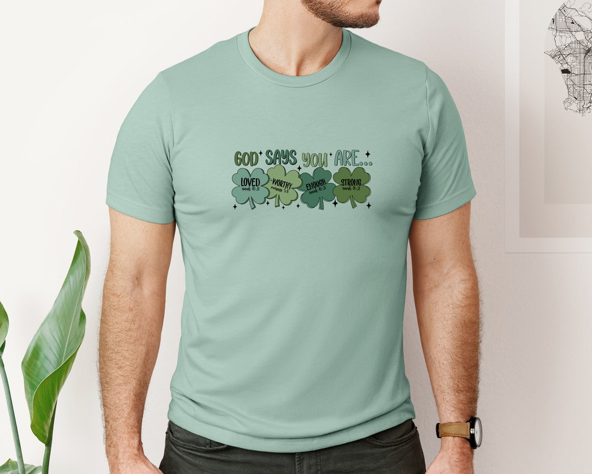 brand:Bella Canvas|color:Dusty Blue|God Says You Are Shamrock Graphic T-Shirt