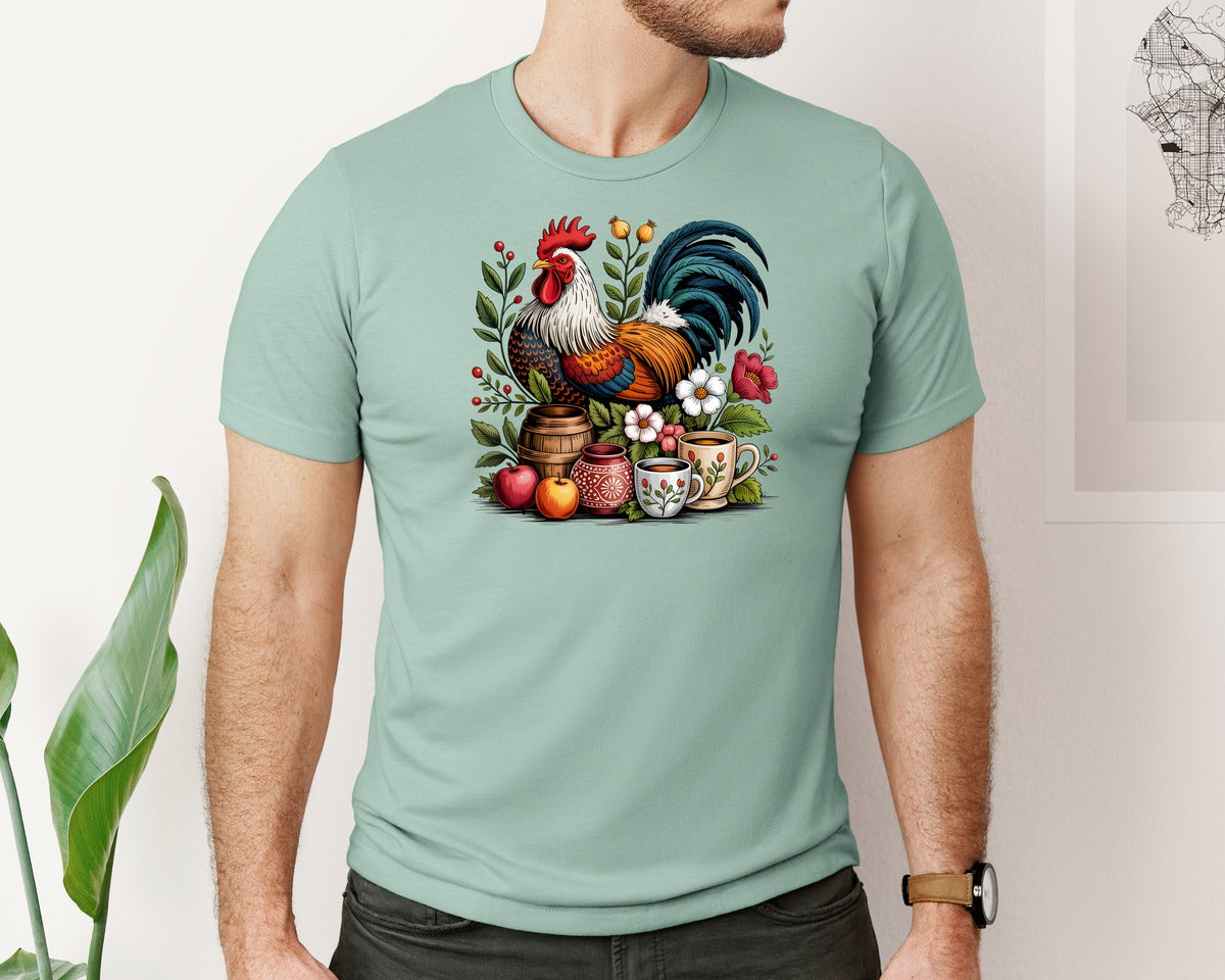 brand:Bella Canvas|color:Dusty Blue|Farm Rooster Rustic Chicken Graphic T-Shirt