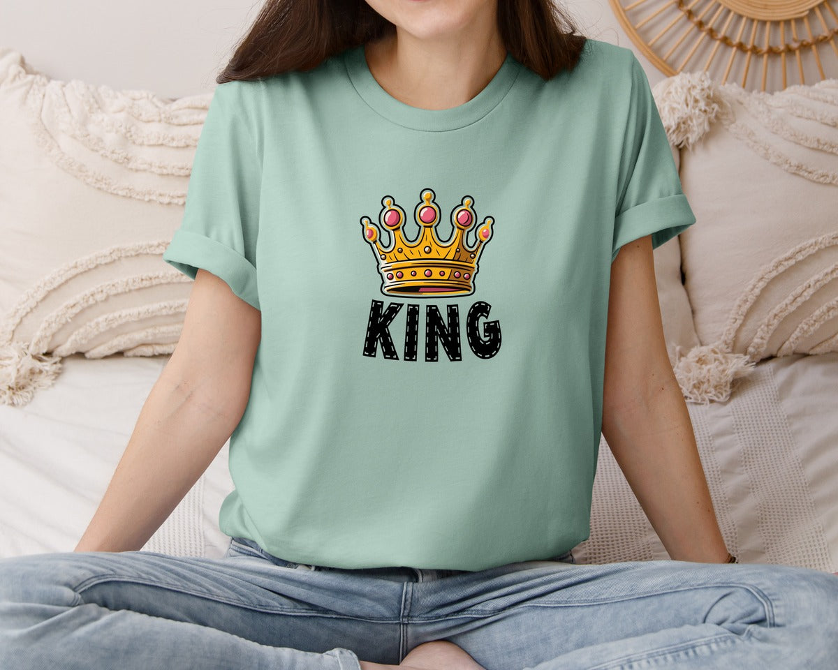brand:Bella Canvas|color:Dusty Blue|Valentines Couple King Queen Quotes Graphic T-Shirt