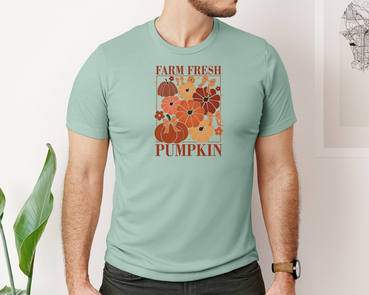 brand:Bella Canvas|color:Dusty Blue|Fall Pumpkin Coquette Fall Vibes 2 Graphic T-Shirt