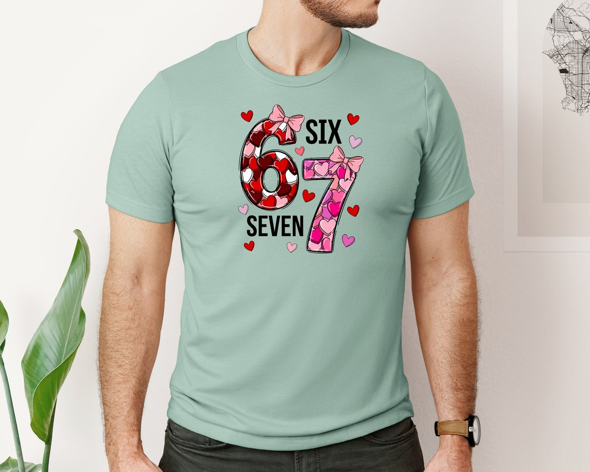 brand:Bella Canvas|color:Dusty Blue|67 Valentine Heart Pattern With Bows Graphic T-Shirt