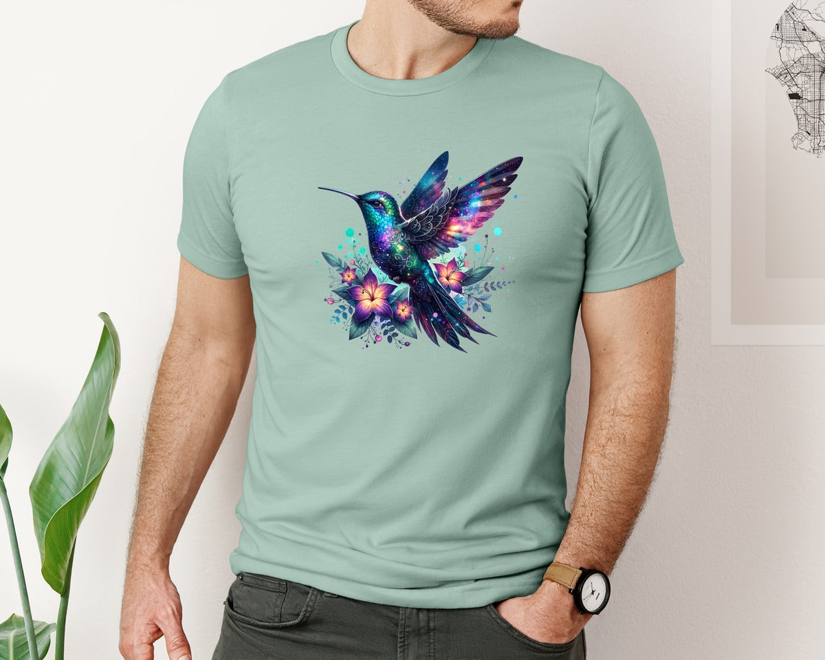brand:Bella Canvas|color:Dusty Blue|Iridescent Galaxy Hummingbird Flower Graphic T-Shirt