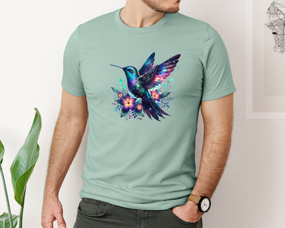 brand:Bella Canvas|color:Dusty Blue|Iridescent Galaxy Hummingbird Flower Graphic T-Shirt