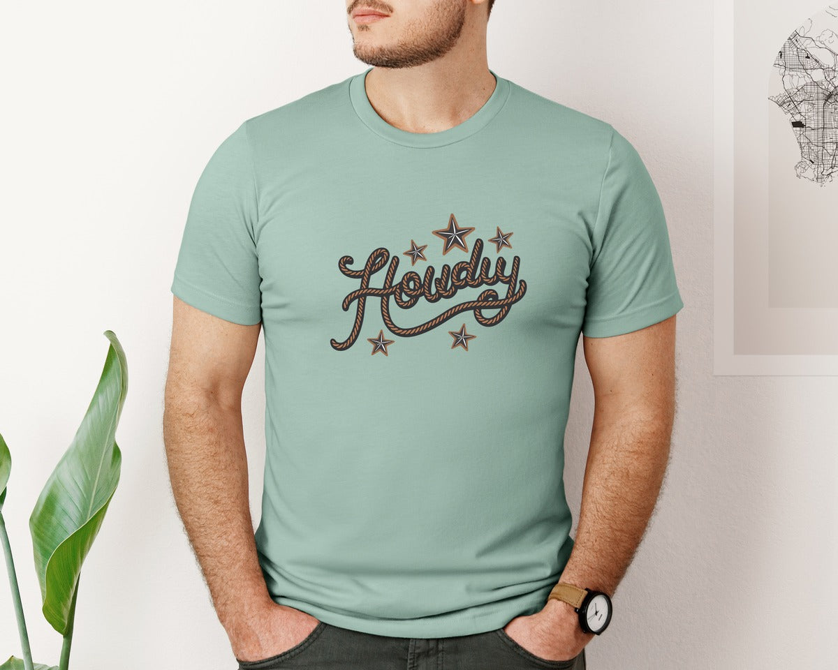 brand:Bella Canvas|color:Dusty Blue|Howdy Western Cowboy Rope Graphic T-Shirt