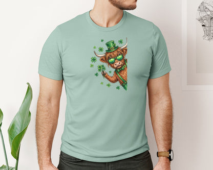 brand:Bella Canvas|color:Dusty Blue|Funny St Patricks Day Highland Cow 2 Graphic T-Shirt