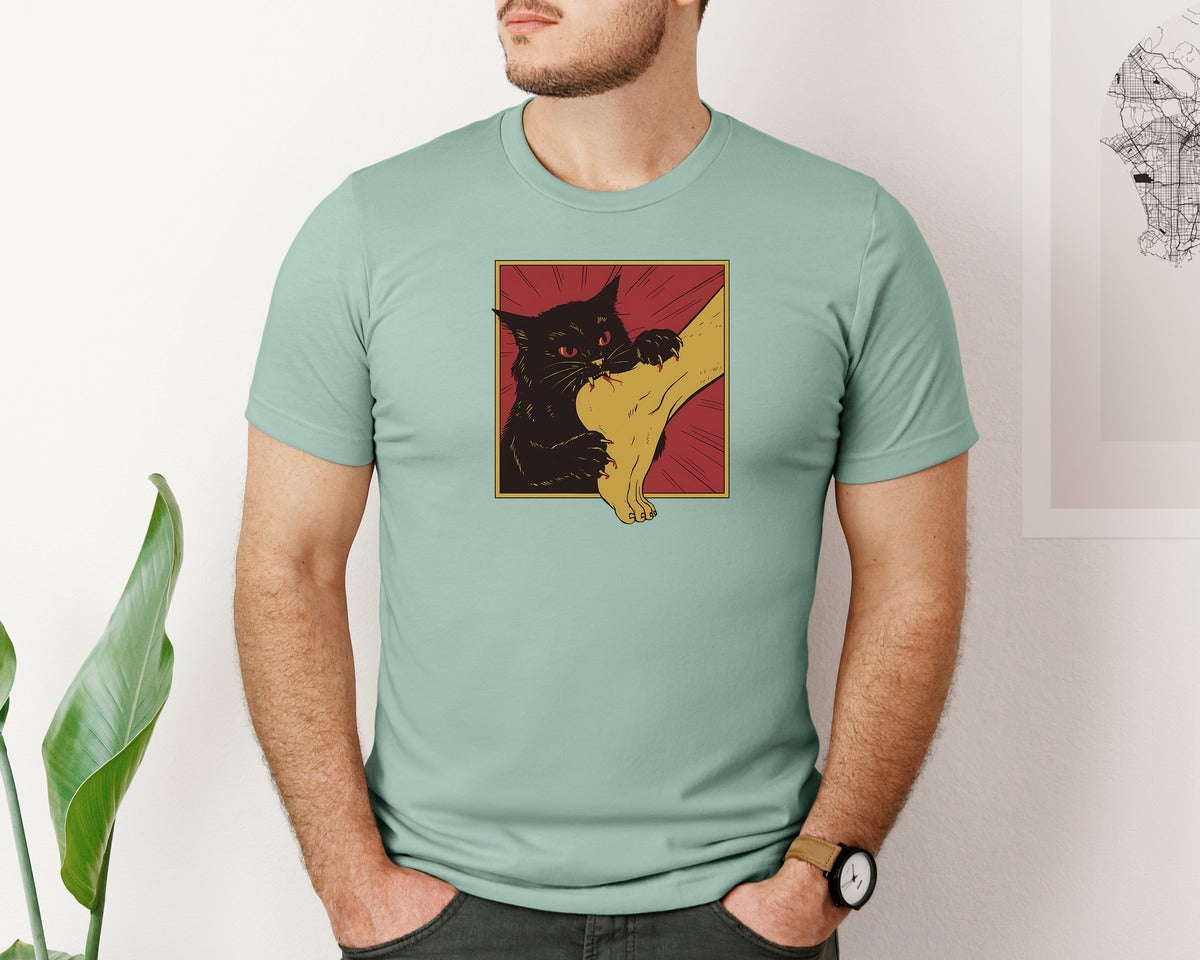 brand:Bella Canvas|color:Dusty Blue|Vintage Horror Japanese Anime Cat Bite Graphic T-Shirt