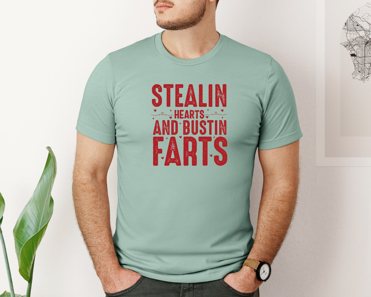 brand:Bella Canvas|color:Dusty Blue|Stealing Hearts Farts Graphic T-Shirt