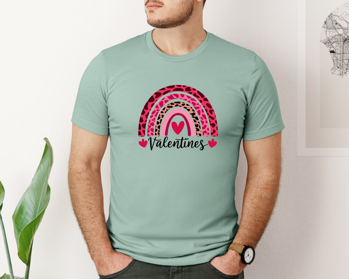 brand:Bella Canvas|color:Dusty Blue|Leopard Rainbow Valentines Day Graphic T-Shirt