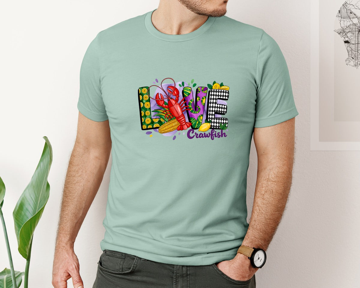 brand:Bella Canvas|color:Dusty Blue|Mardi Gras Love Crawfish Graphic T-Shirt