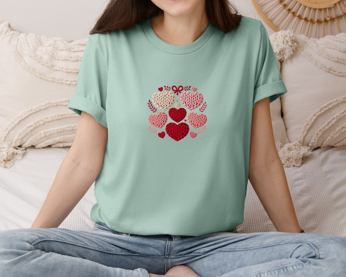 brand:Bella Canvas|color:Dusty Blue|Valentine Yarn Heart Cluster Graphic T-Shirt