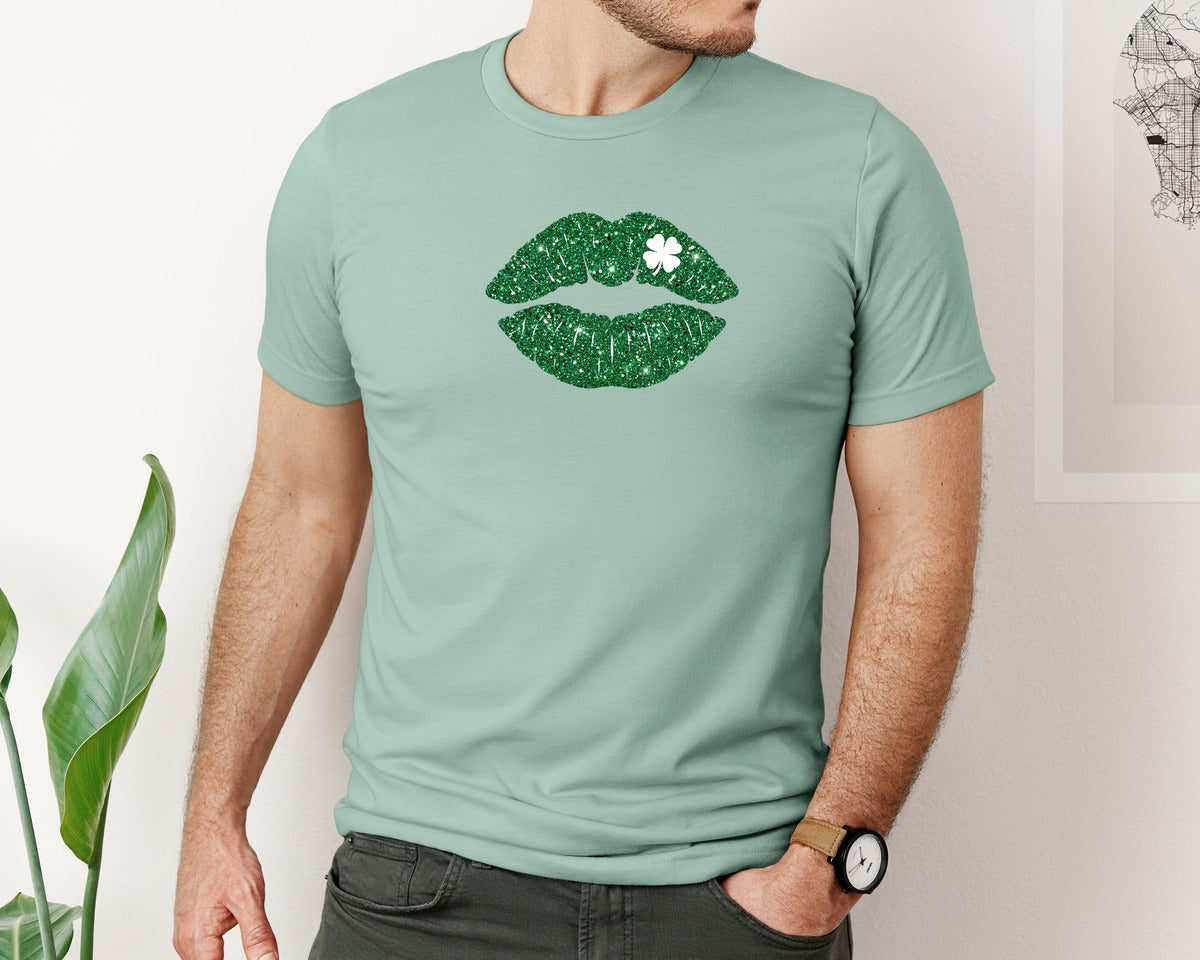 brand:Bella Canvas|color:Dusty Blue|Green Glitter Lips St Patrick Graphic T-Shirt