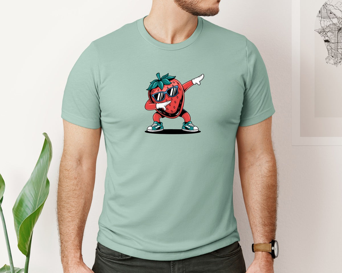 brand:Bella Canvas|color:Dusty Blue|Funny Dabbing Strawberry Summer Fruit 2 Graphic T-Shirt