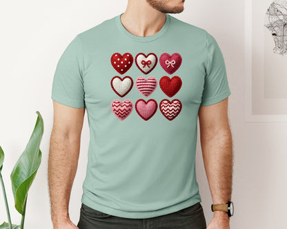 brand:Bella Canvas|color:Dusty Blue|Crochet Faux Yarn Valentine Heart Bow Graphic T-Shirt