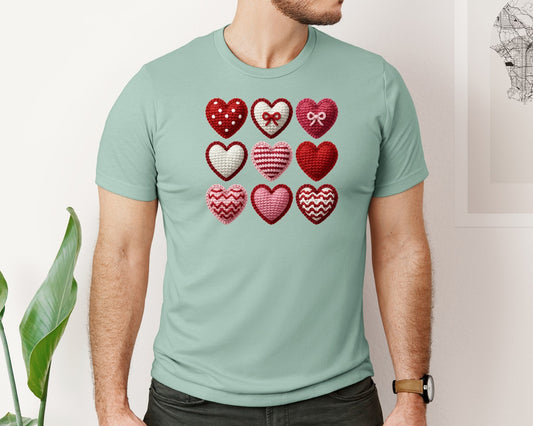 Crochet Faux Yarn Valentine Heart Bow Graphic T-Shirt