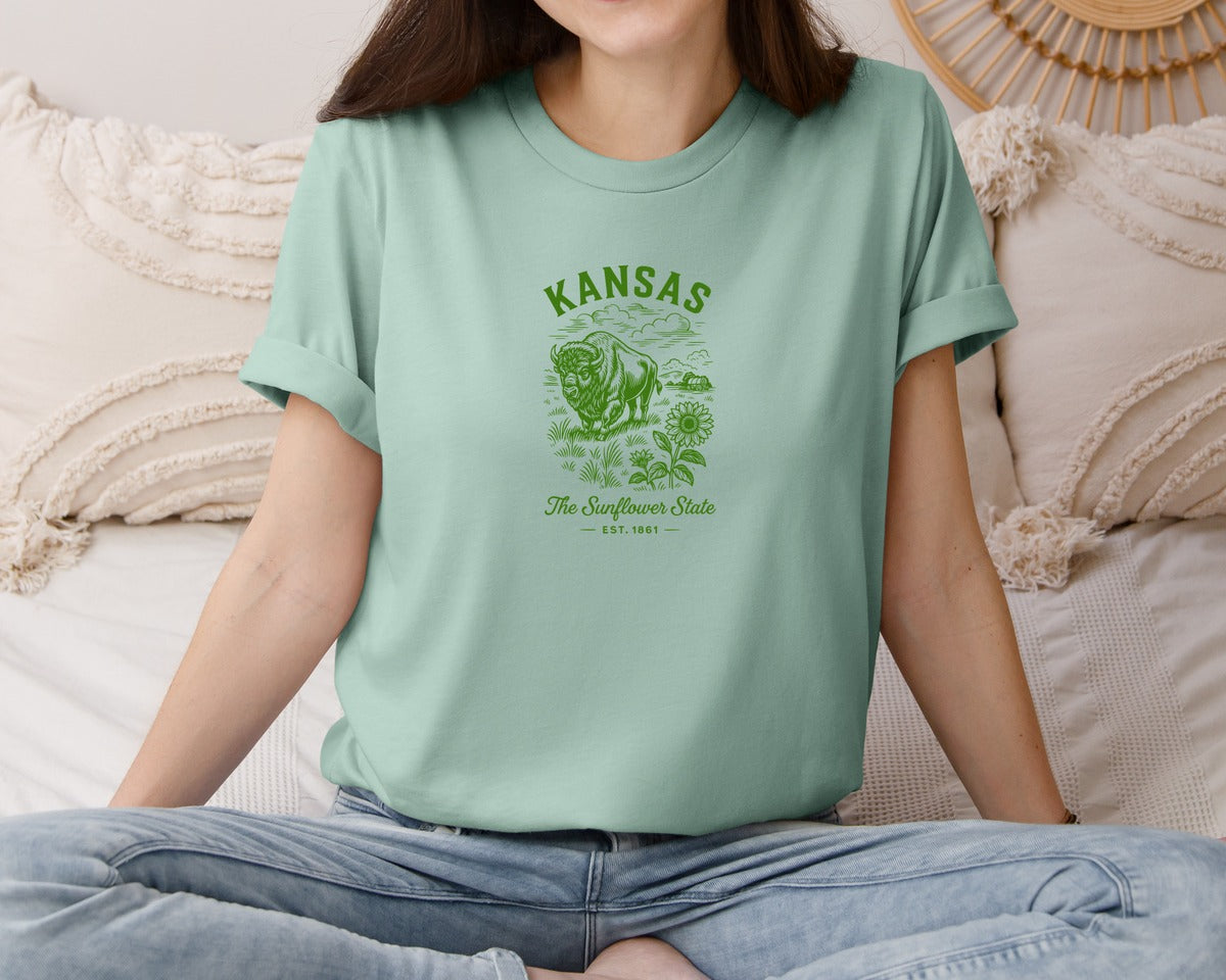 brand:Bella Canvas|color:Dusty Blue|Kansas The Sunflower State Graphic T-Shirt