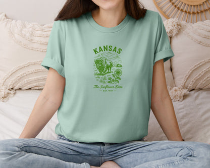 brand:Bella Canvas|color:Dusty Blue|Kansas The Sunflower State Graphic T-Shirt