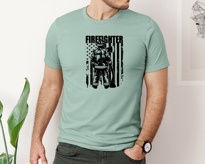 brand:Bella Canvas|color:Dusty Blue|Distressed Usa American Flag Firefighter Graphic T-Shirt