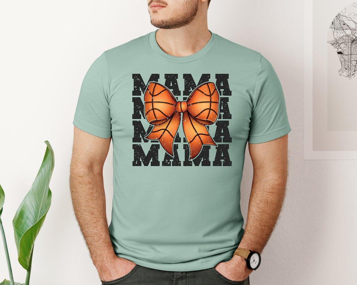 brand:Bella Canvas|color:Dusty Blue|Coquette Basketball Mom Retro Mama Bow Graphic T-Shirt