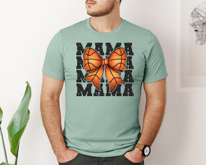 brand:Bella Canvas|color:Dusty Blue|Coquette Basketball Mom Retro Mama Bow Graphic T-Shirt