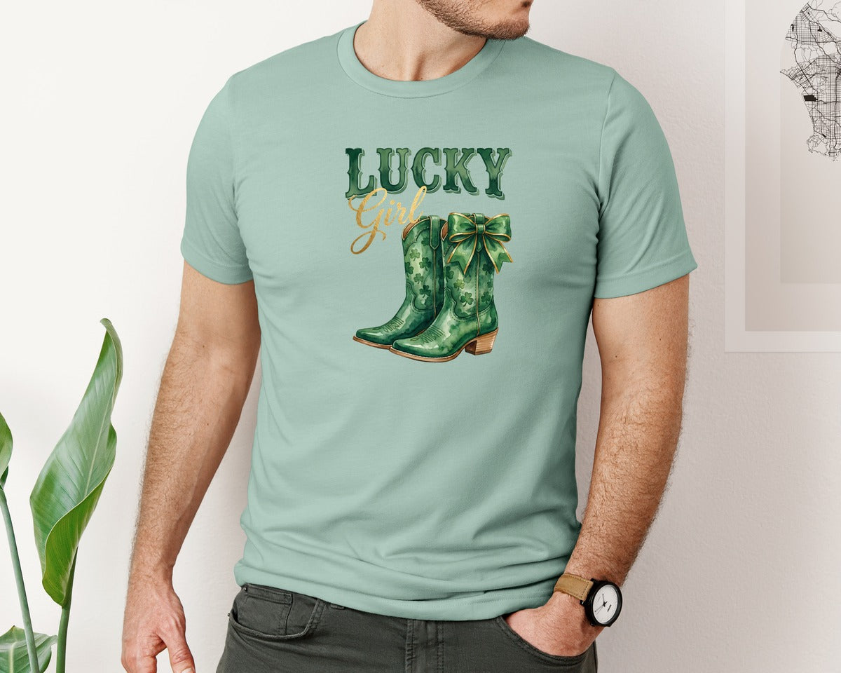 brand:Bella Canvas|color:Dusty Blue|Cowgirl Lucky Girl St Patricks Day Graphic T-Shirt