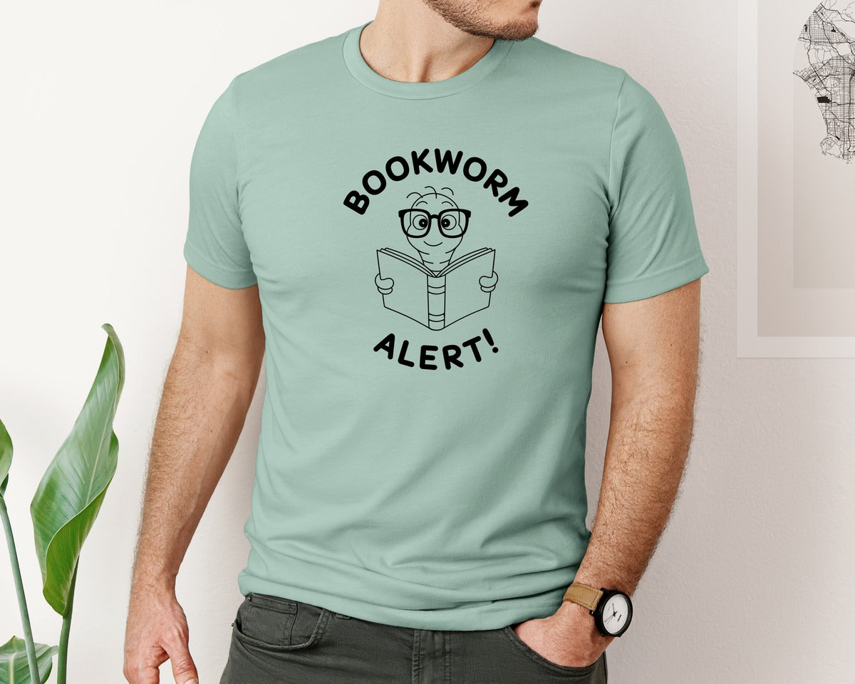 brand:Bella Canvas|color:Dusty Blue|Bookworm Alert Funny Nerdy Book Reader Graphic T-Shirt