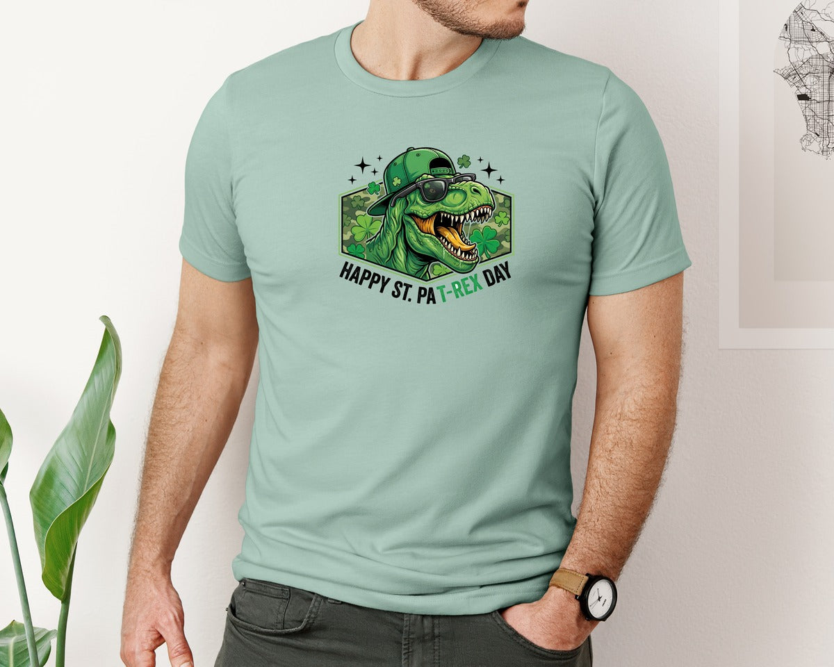brand:Bella Canvas|color:Dusty Blue|Happy St Pat Rex Day Dinosaur 2 Graphic T-Shirt