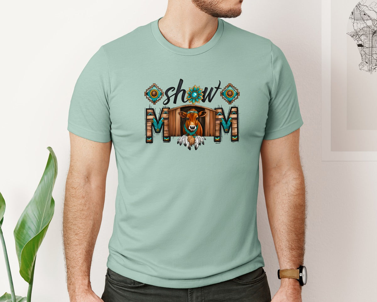 brand:Bella Canvas|color:Dusty Blue|Show Mom Cow Design Graphic T-Shirt