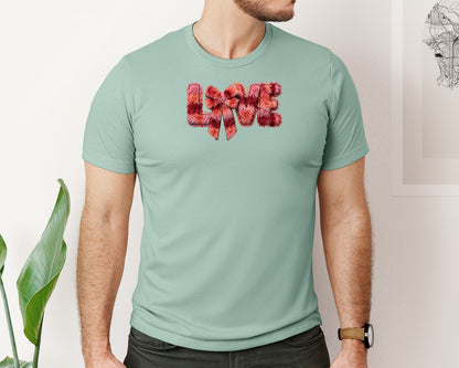 brand:Bella Canvas|color:Dusty Blue|Faux Yarn Love Text With Fluffy Bow Graphic T-Shirt