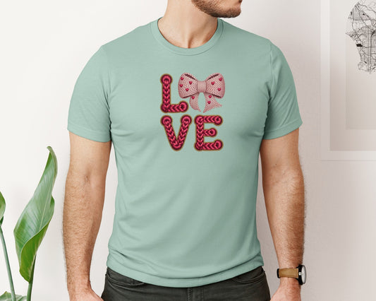 Valentines Day Love Bow Faux Yarn Graphic T-Shirt