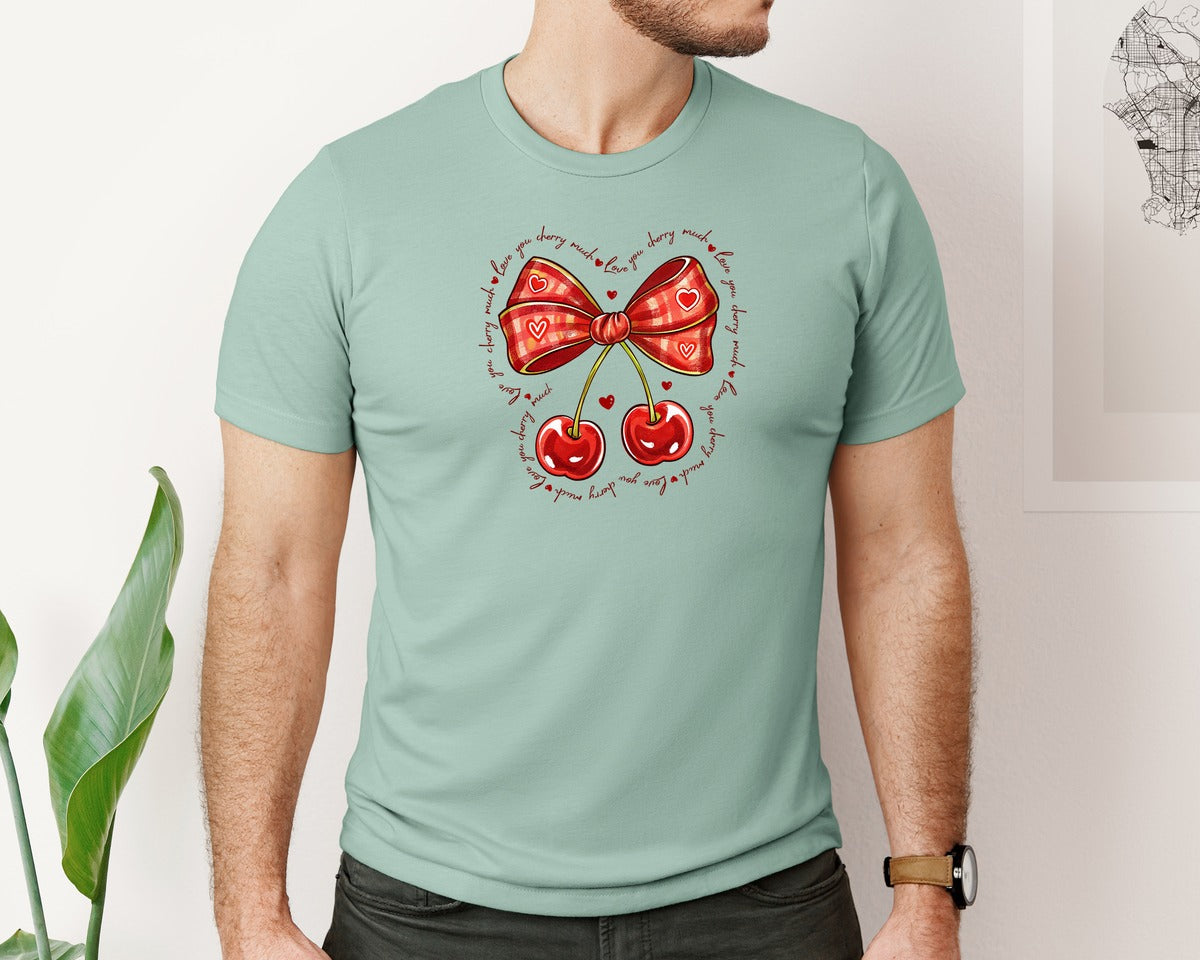 brand:Bella Canvas|color:Dusty Blue|Love You Cherry Much Coquette Bow Graphic T-Shirt