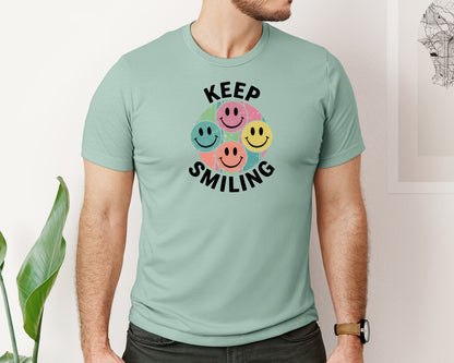 brand:Bella Canvas|color:Dusty Blue|Retro Smiley Face Keep Smiling Graphic T-Shirt