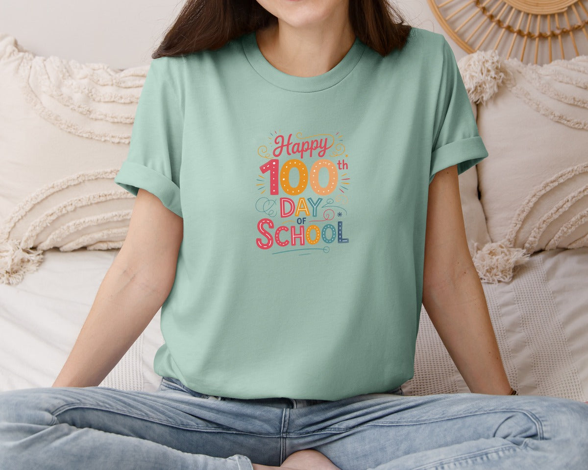 brand:Bella Canvas|color:Dusty Blue|Happy 100Th Day Of School Art Graphic T-Shirt